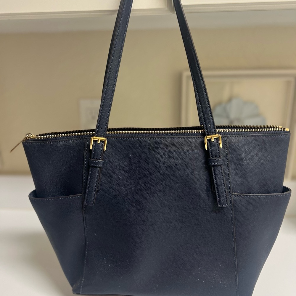 Michael Kors Blue Tote Structured Design Gold Accents - Picture 2 of 7